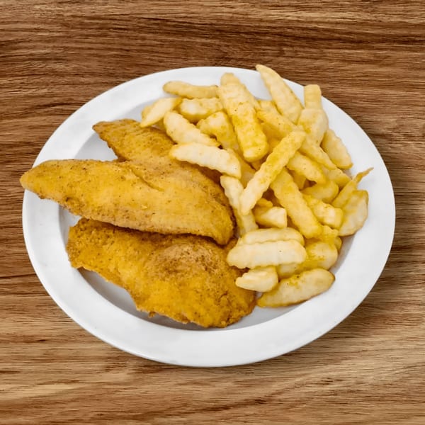 Two pieces of golden-fried fish and a pile of crinkle-cut fries on a white plate.