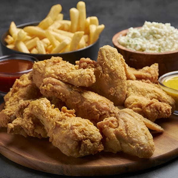 Snappers fried chicken and fries with coleslaw and dipping sauces on a wooden board.