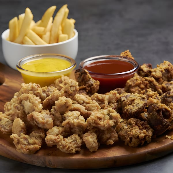 Snappers' fried oysters and fries with two dipping sauces on a wooden board.