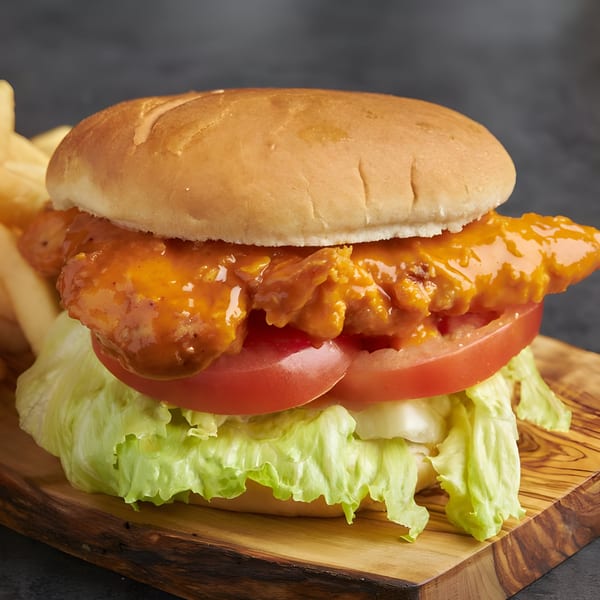 Snappers' buffalo chicken sandwich with lettuce, tomato, and fries on a wooden board.